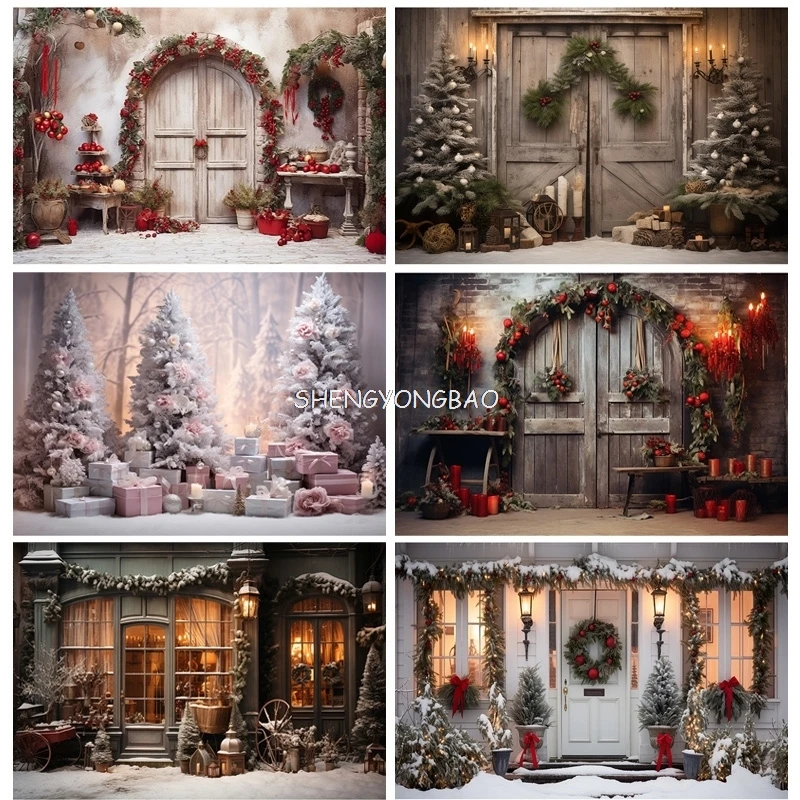 

Christmas Day Photography Backdrops Prop Fireplace Window Winter Xmas Tree Decoration Flower Garland Wood Door Background JU-01