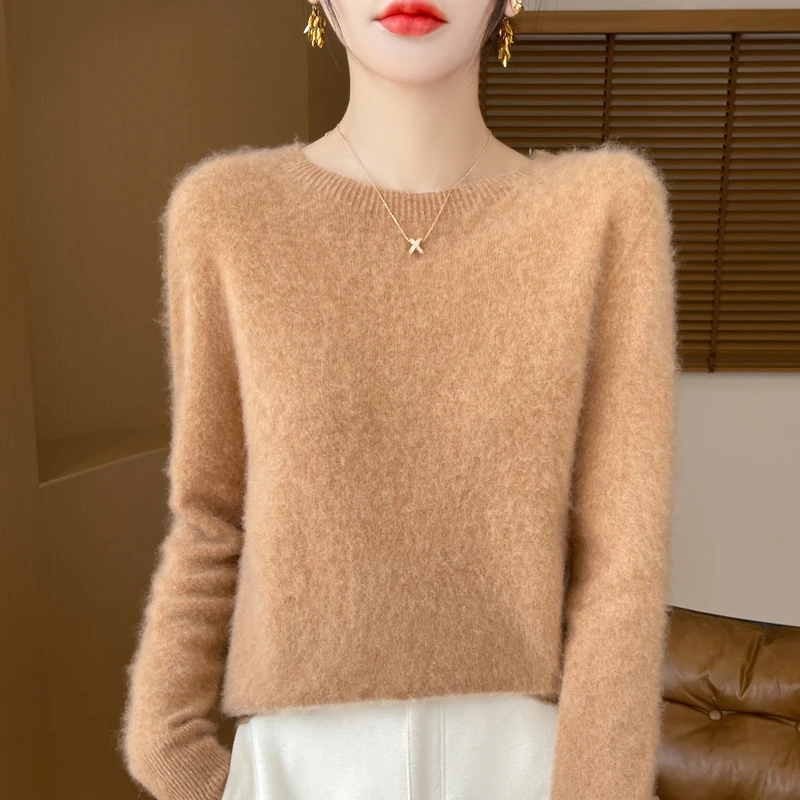 Autumn And Winter 100% Wool Round Neck Sweater Women\'s First-Line Ready-To-Wear With Loose Knit Tops And Bottoming Shirts