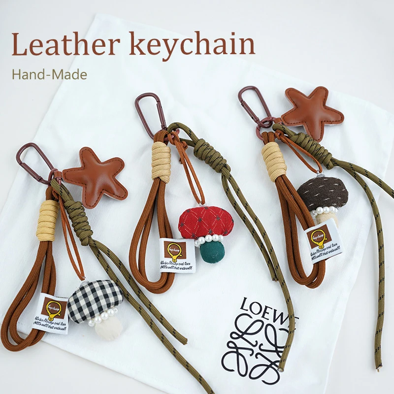 Lucky Star Three-Dimensional Leather Keychain Mushroom Bag Pendant 3D Creative Cartoon Keyring Anti-Lost Mobile Phone Lanyard