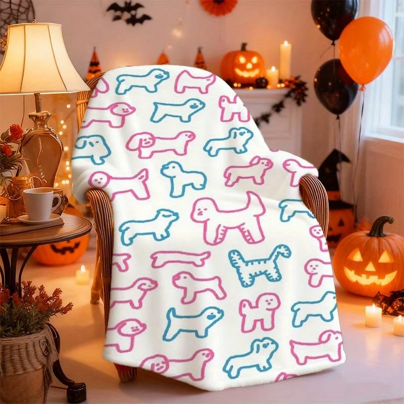 1pc Cute Poodle Puppy Print Flannel Blanket - Pink & Blue Dog Line Art with Poodles in White, Green & Brown | All-Season Soft