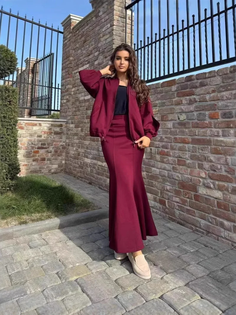 

Pure Color Zipper Long Dr Cardigan Two-Piece Set Women's Faion Autumn Winter Outfit Cross-Border ular Sle Casual Sp...