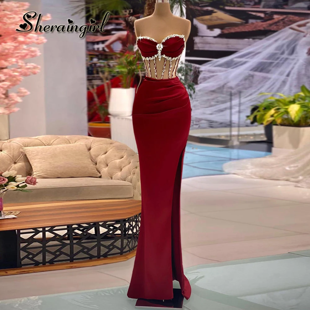 

SHERAIN Graceful Mermaid Prom Dresses For Women Sweetheart Rhinetsones Slit Ruched Brush Train Vestido De Noche Drop Shipping