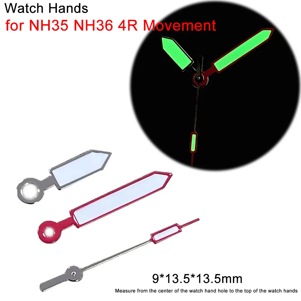 Replacement Watch Hands with Green Luminous 3Pins Silver Red Watch Pointers for NH35 NH36 4R Movement Accessories