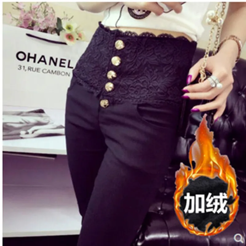 

Autumn Winter Women Lace Hight Waist Fleece Pants 2022 Female Solid Color Legging Comfortable Keep Warm Stretchy Pencil Pants