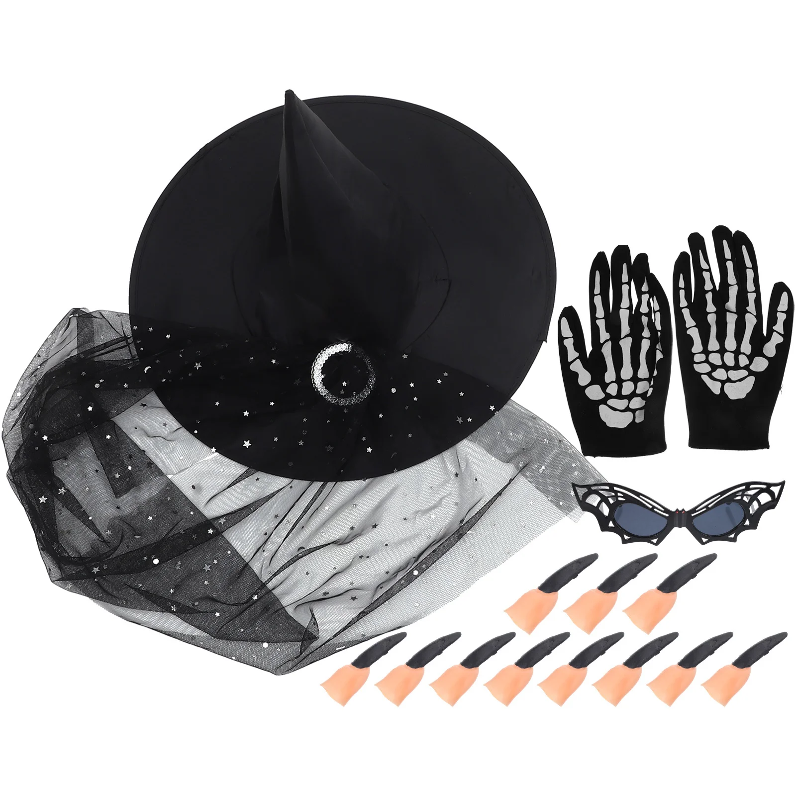 1Set Halloween Hexenhut Set Tragbare Sichere Material Cosplay Zubehör Gläser Handschuhe Gefälschte Nägel Party Liefert