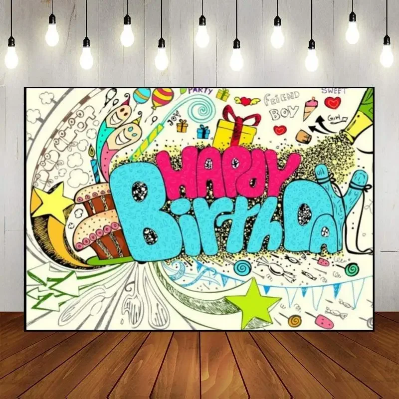 Happy Birthday Background Custom Backdrop Musician Baby Shower Banner Photography Backdrops Parties Shining Neon Decoration Game