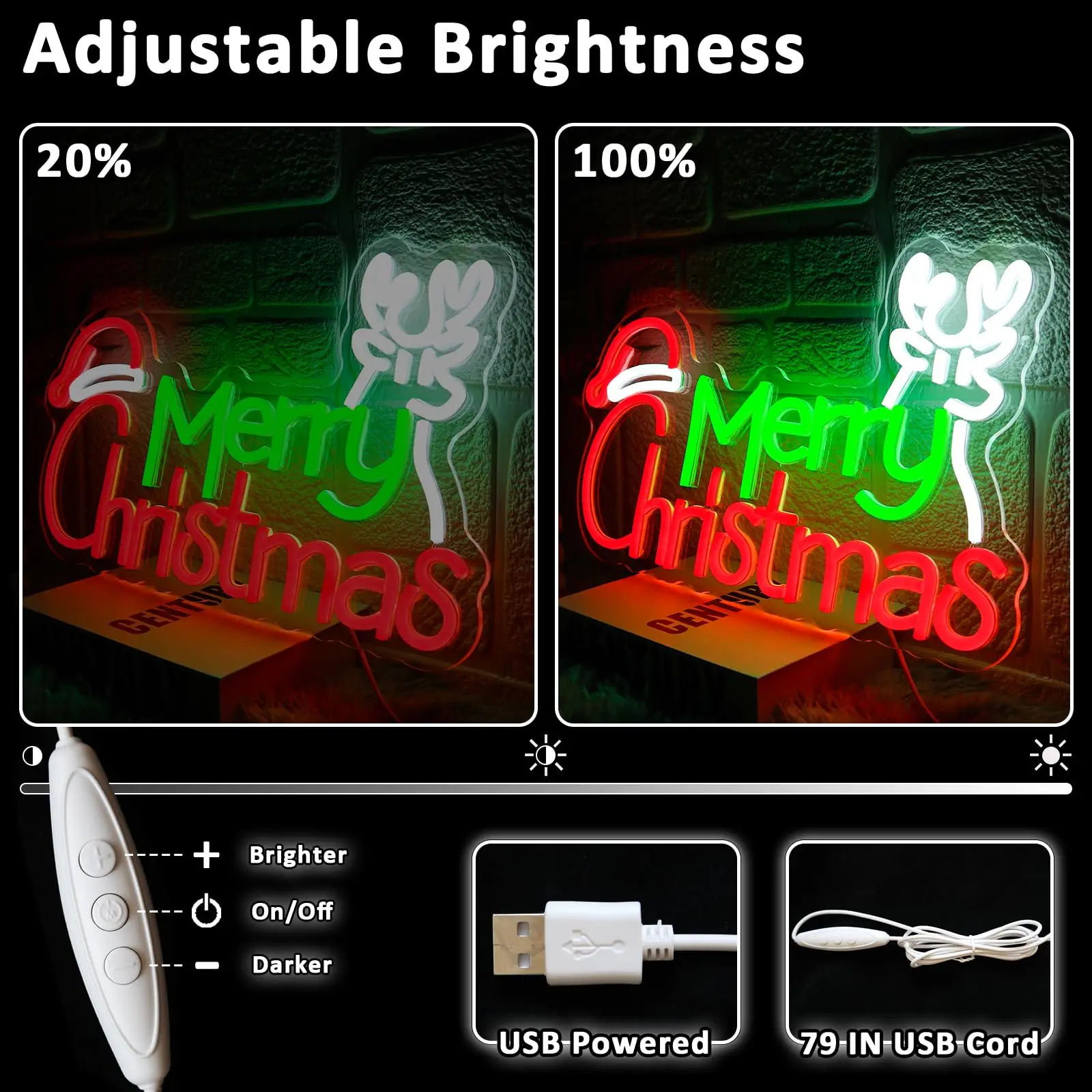 メリークリスマス サンタ帽子 ネオンサイン 調光可能 クリスマス エルク LEDサイン 壁飾り 寝室 自宅 マンケイブ バー クラブ 新年パーティー用