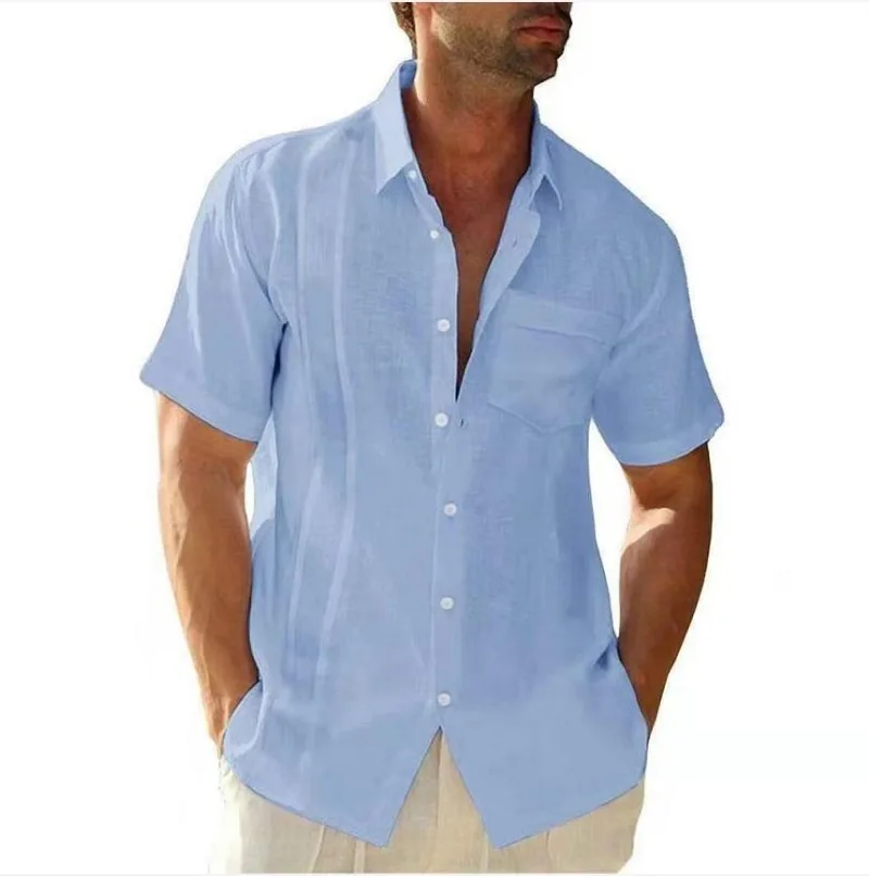 

2024 New Men's Shirt with A Solid Color Collar for Foreign Trade Single Breasted Shirt, Short Sleeved Casual Shirt Top