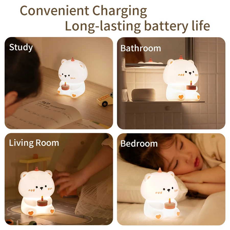 Led Night Table Lamp Mood Light Cake Bear Cute Gift for Kid Bedroom Bedside Desk Birthday Christmas Room Decoration Rechargeable