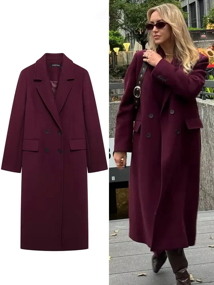 

HH Women Fashion Burgundy Coat Double Breasted Long Sleeve Lapel Blends Jacket Autumn Winter High Street Outerwear