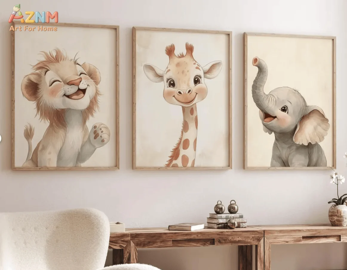 [2D Flat]1/3Pcs Canvas Poster(No Frame!!!), Watercolor Safari Animal Nursery Wall Art Set, Cute Smiling Lion Giraffe and Elephan view 5