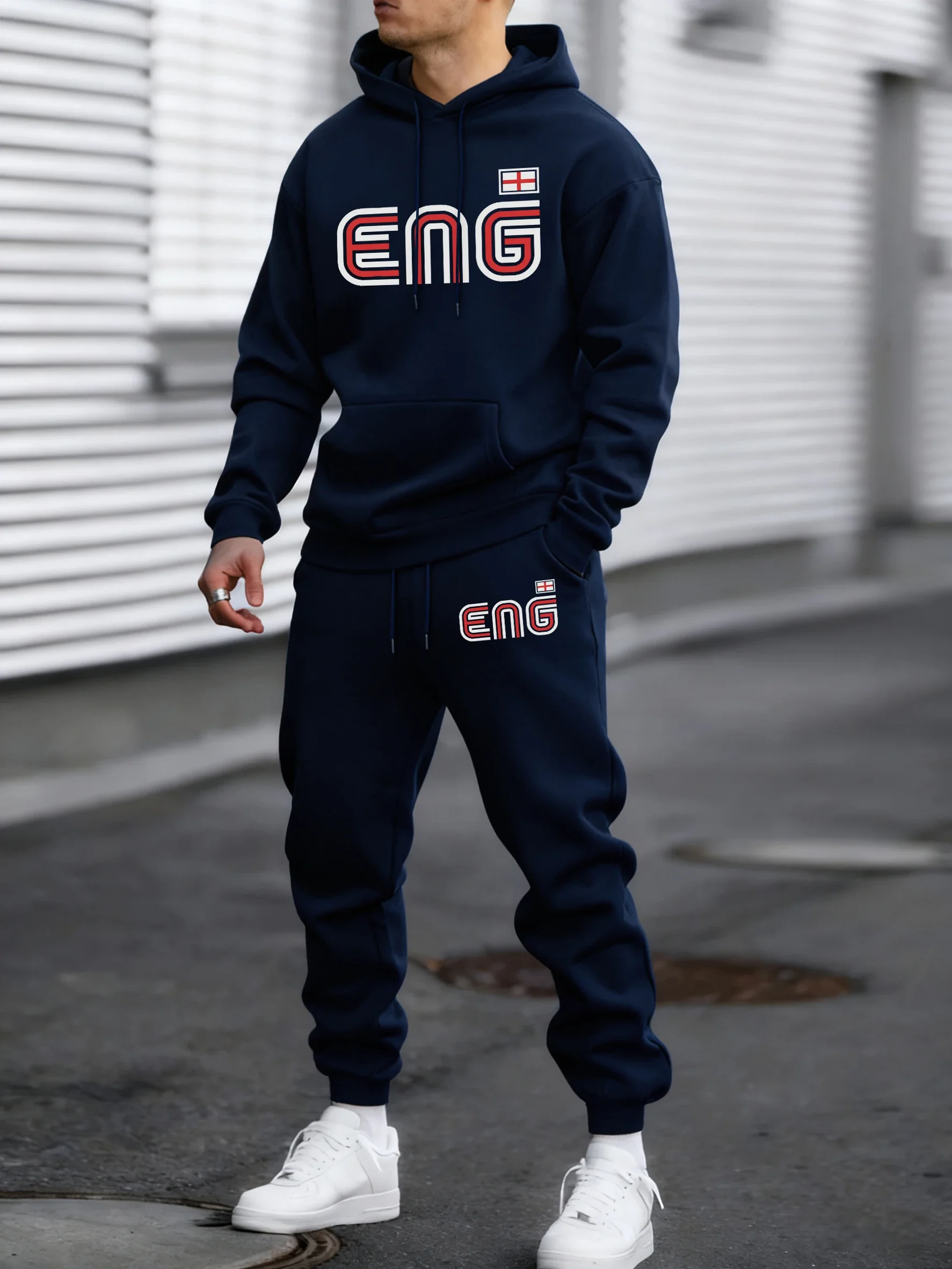 Ensemble 2 pièces pour homme, sweat à capuche et pantalon de sport, imprimé drapeau Angleterre, polaire, mode hiver, chaud et doux