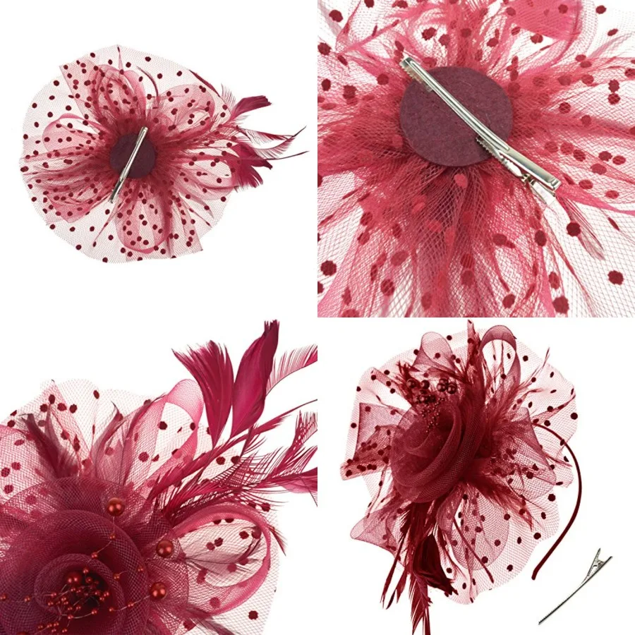 

Fascinators Hat Flower Mesh Ribbons Feathers on a Headband and a Clip Tea Party Headwear for Girls and Women, 7" Diameter / Burgundy