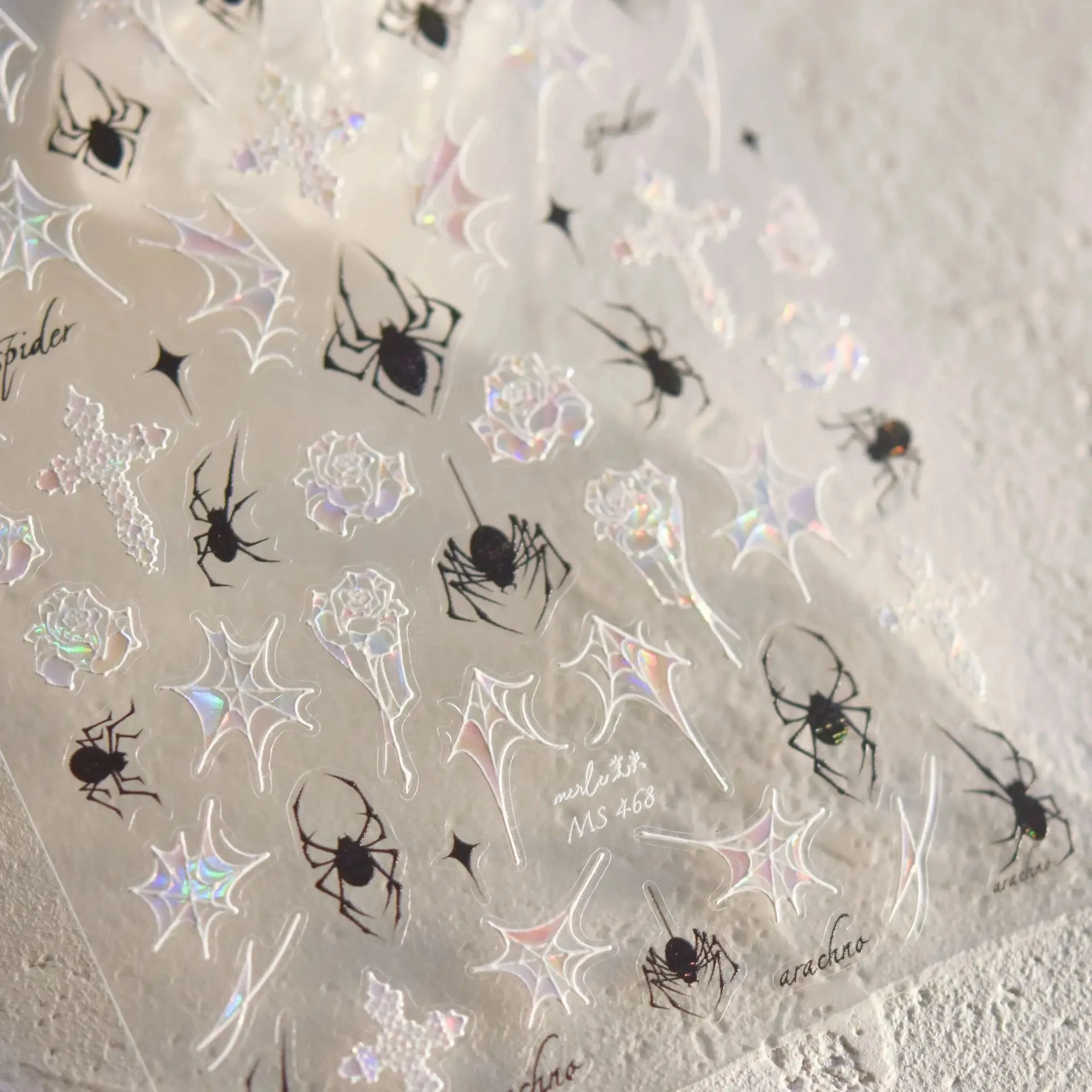 Pegatinas de alta calidad para uñas, calcomanías con carcasa brillante en blanco y negro, tela de araña, rosa, diseño de calcomanías, herramienta de manicura, MS-468