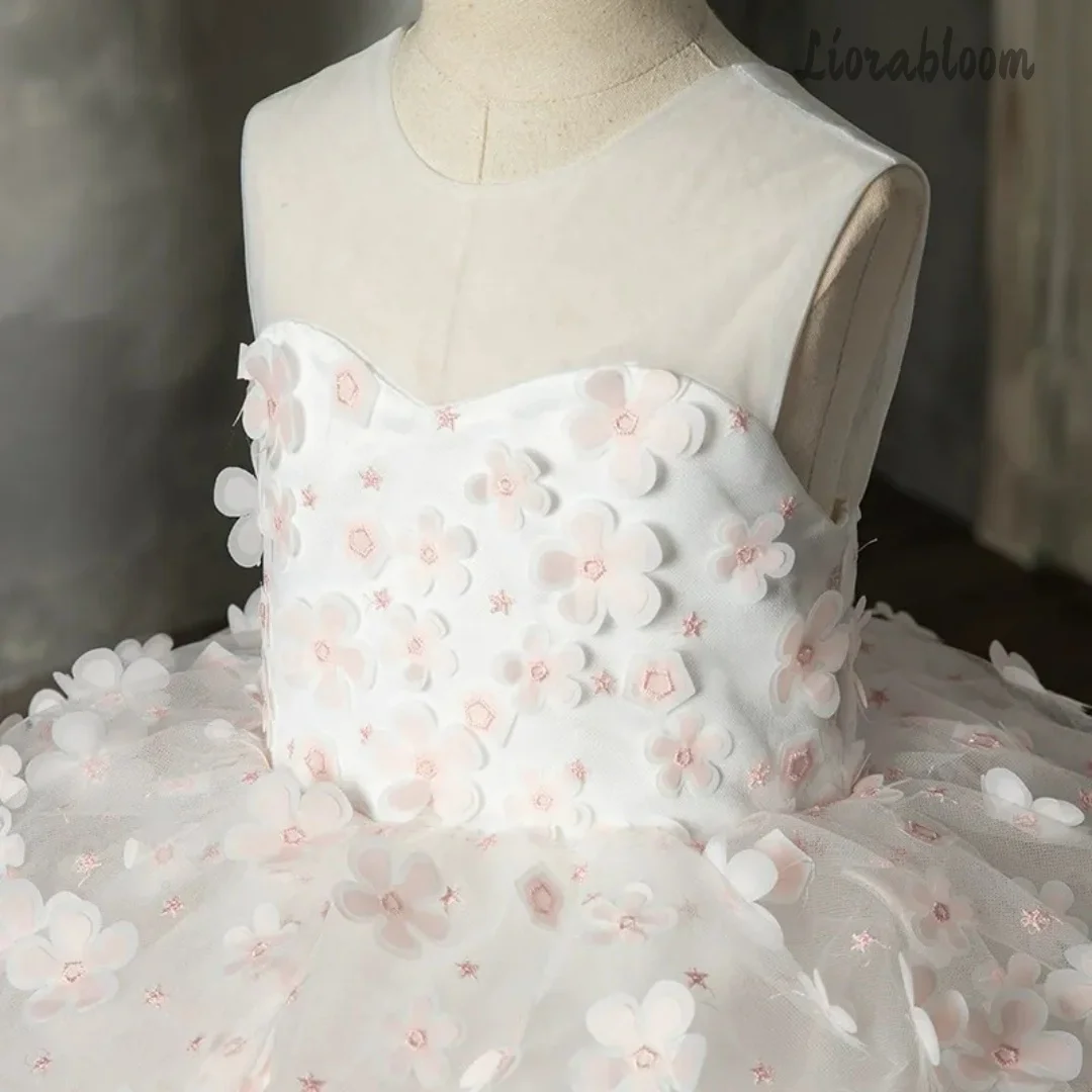 Abito da Cerimonia Rosa Crema per Adolescenti, Stile Sirena con Top e Gonna in Tulle, Petali 3D Scintillanti e Vita con Strass, Vestito da Sera Formale