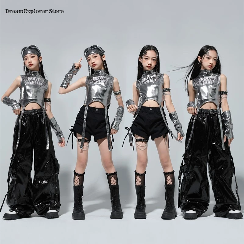 Girls K-pop Silver Shiny Crop Top Dance Shorts Cargo Pants Kids Hip Hop Jazz Clothes Sets Children Streetwear Girl Group Costume