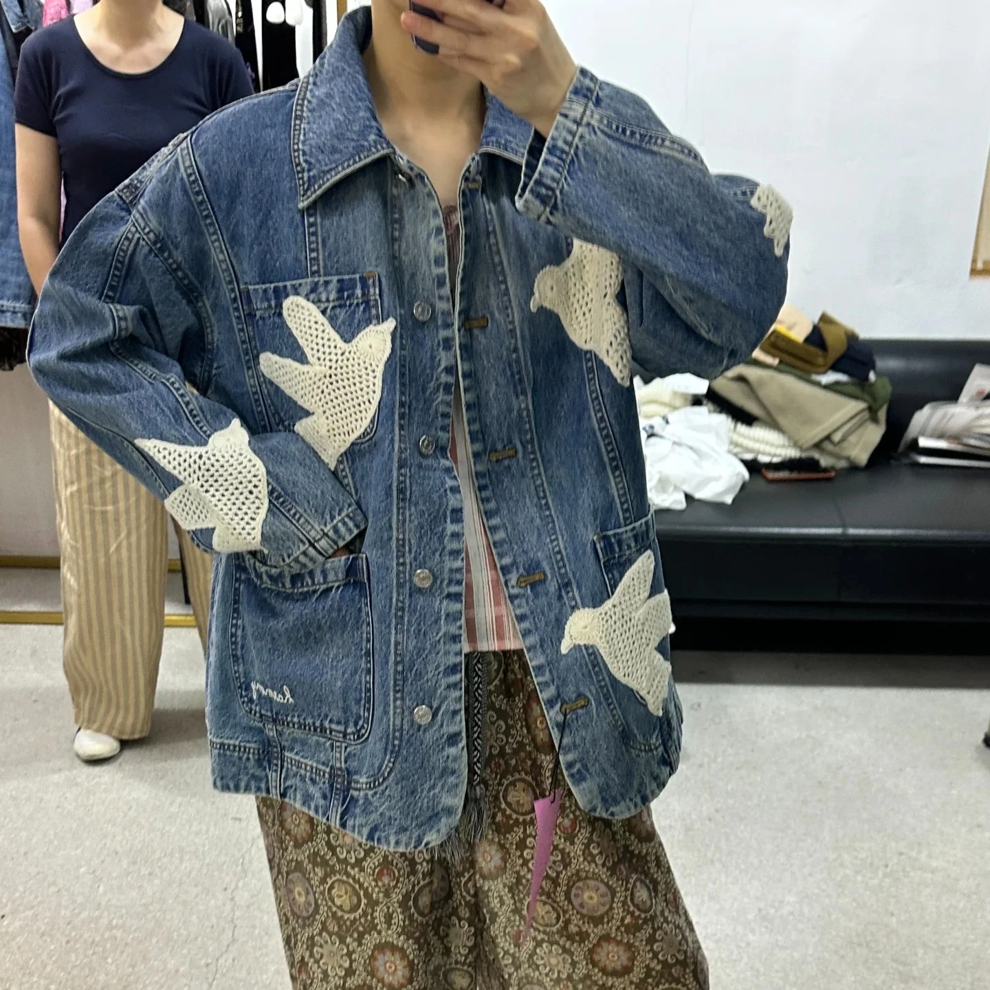 

2025 Women's Embroidered Denim Two-Piece Suit Long Sleeve Slim Jacket or Straight Trousers
