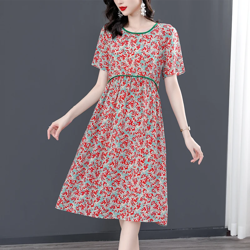 Abito longuette in seta di gelso floreale da donna estate nuovo elegante vita allentata Plus Size abito coreano Vintage Casual Party Dress