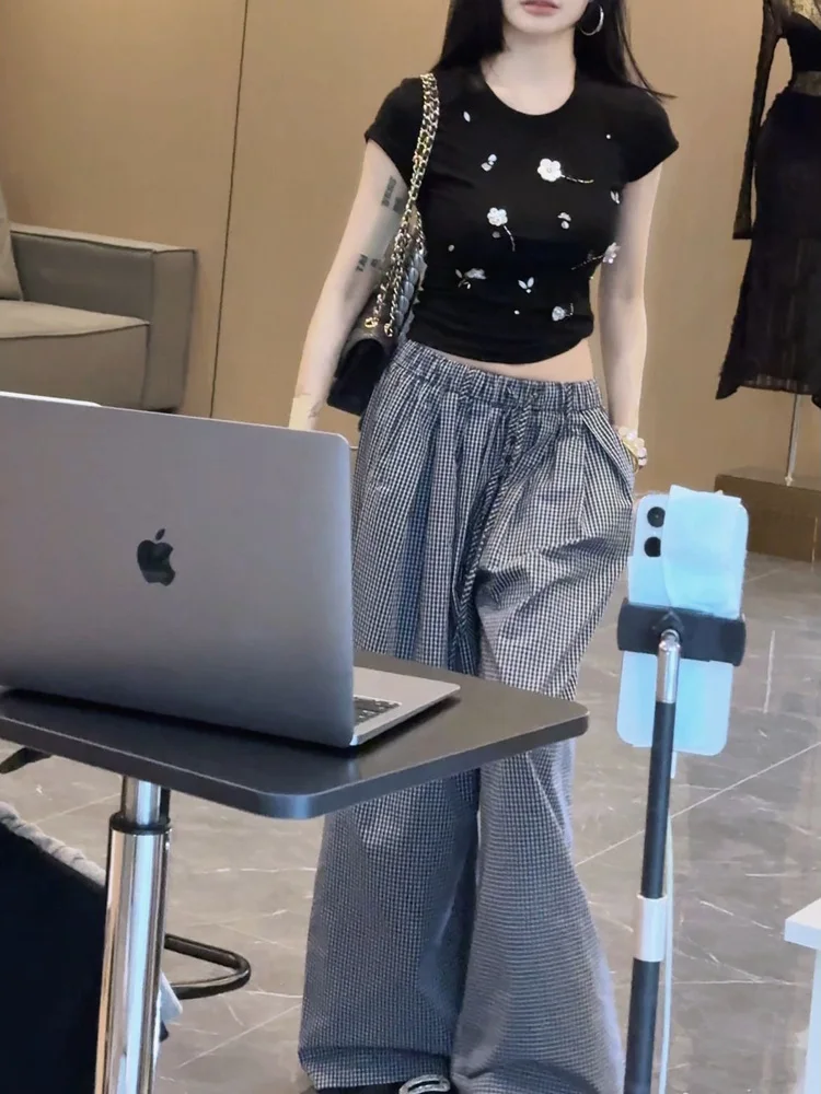 

Ретро-брюки в клетку с широкими штанинами, повседневные, свободные, модные, осенние, новые, с высокой талией, хлопковые, для женщин