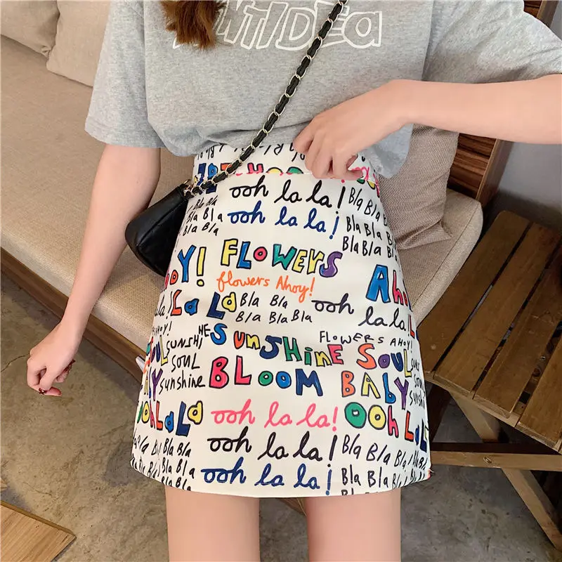 2023 New Fashion  High Waist A-line Skirt Student Skirt Sweet and Cute Cartoon Letter Graffiti Korean Kawaii Skirt Womens