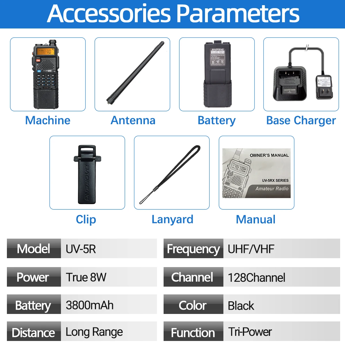 Baofeng UV 5R 8W 3800mAh Walkie Talkie caricatore USB a lungo raggio UHF VHF ricetrasmettitore Dual Band radioamatore portatile per UV K5