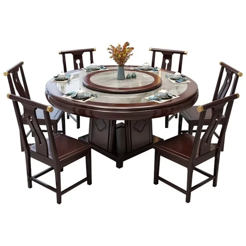 

New Chinese rock slab round dining table and chairs, household rotating solid wood dining table