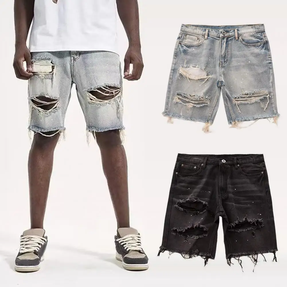 

Men Denim Shorts Men's Summer Distressed Denim Shorts Stylish Button Fly Jeans with Ripped Holes Multi Pockets for A for Korean