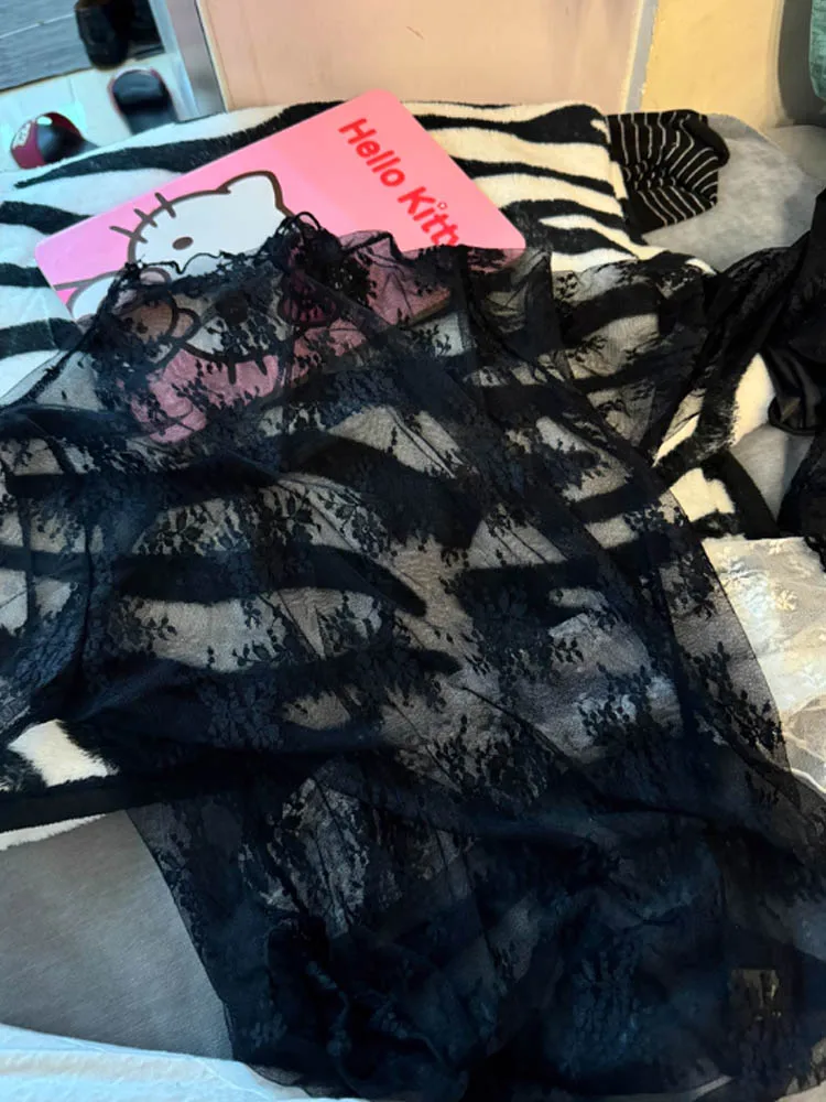 

Летняя женская кружевная блузка с цветочной вышивкой, сексуальная сетчатая прозрачная черная рубашка, элегантный прозрачный женский топ