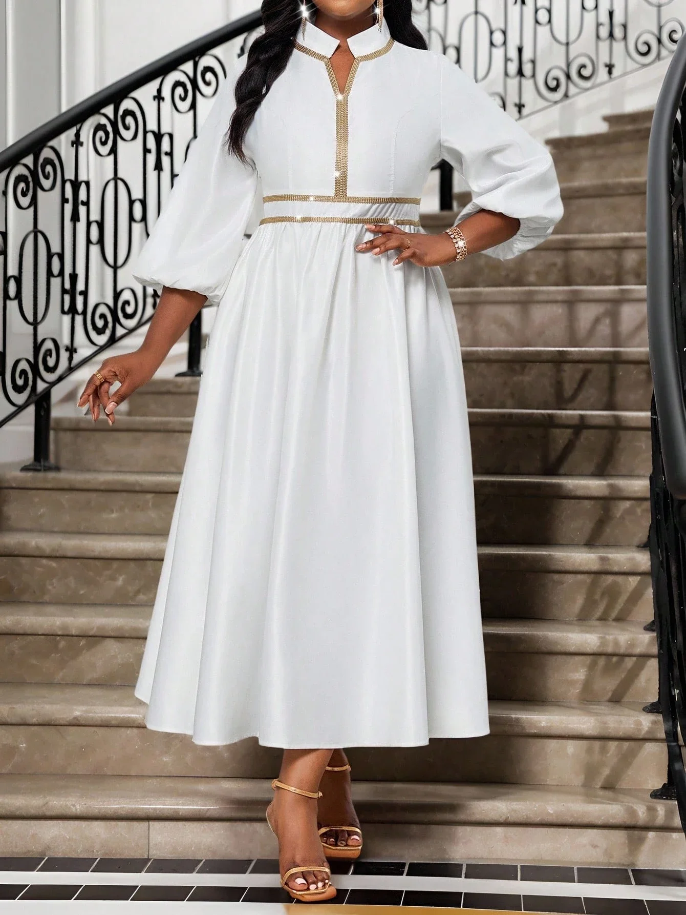 

Elegant White Satin Midi Dress With Gold Trim Stand Collar Bishop Sleeve