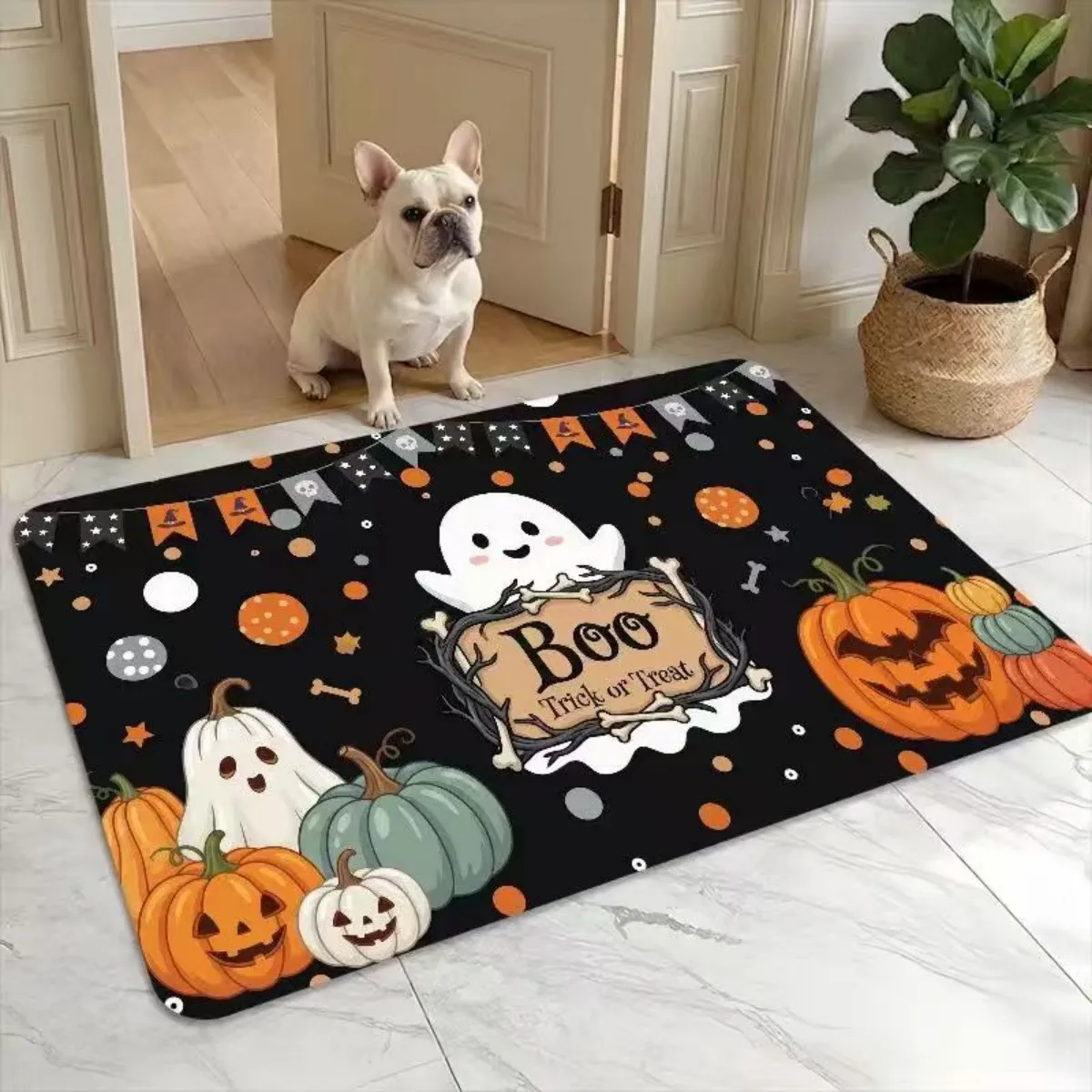 Halloween Flannel Door Mat for Entryway, Plush and Thickened Absorbent Floor Rug, Non-Slip and Durable, Suitable for Bathroom, Toilet and Doorway, Exquisite Printed Halloween Design