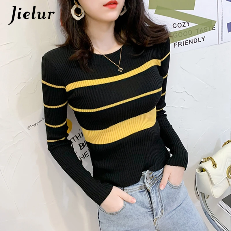 Fall Winter Spell Color Striped Sweater Apricot Black Short Top Girls Lady Skinny Bottoming Shirt Fashion O-neck Knitwear S-L