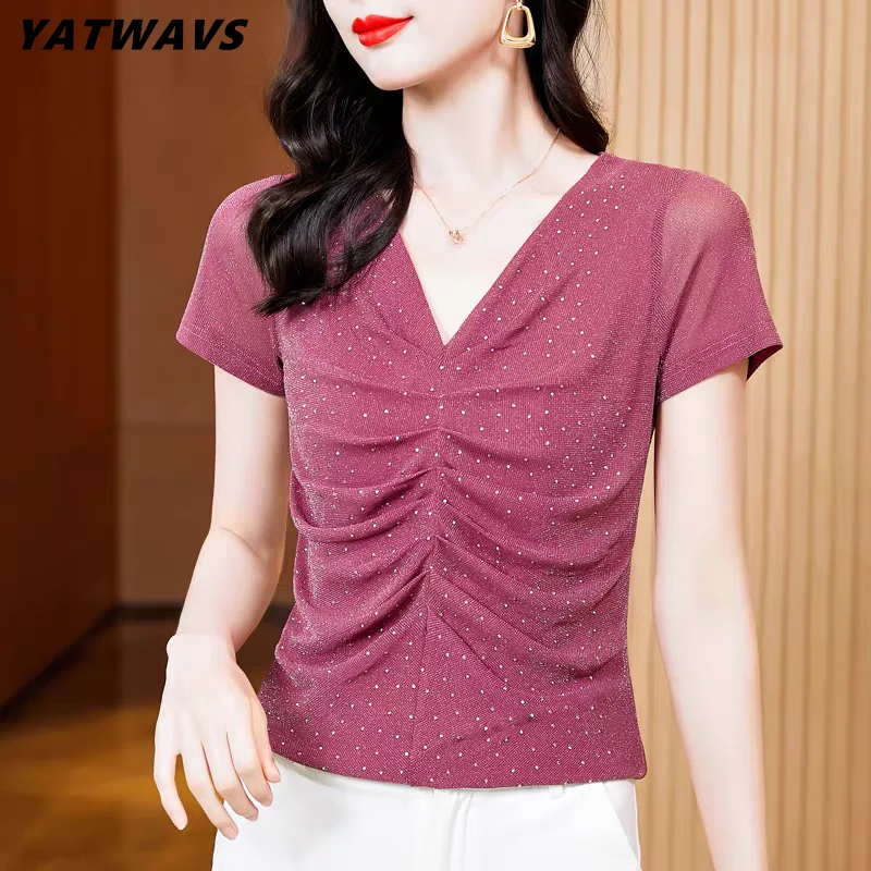 

M-3XL Women Summer Short Sleeve V-Neck Hot Diamonds T-Shirts Lady Elegant High Stretchy Mesh Top New Fashion Pleated Shiny Tees
