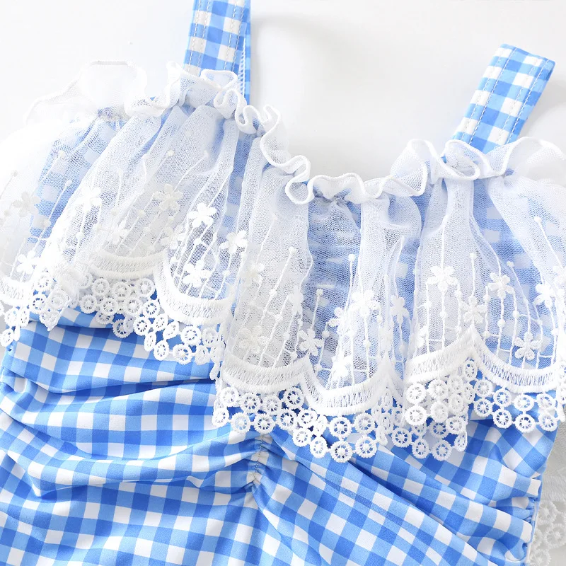 Korean Style Children One-piece Blue Plaid Lace Swimsuit for Girls Backless Sling Swimwear Bath Suit Girls Quick Drying With Cap