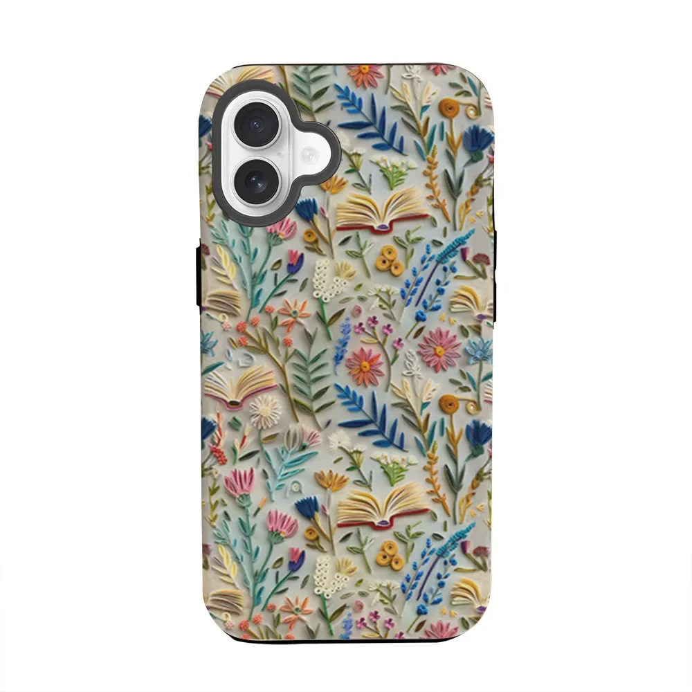 

Boho Embroidery Effect Romantic Wildflower 2 in 1 Flower Phone Case For iPhone 16 15 13 12 11 Pro Max Plus Hard Protection Cover