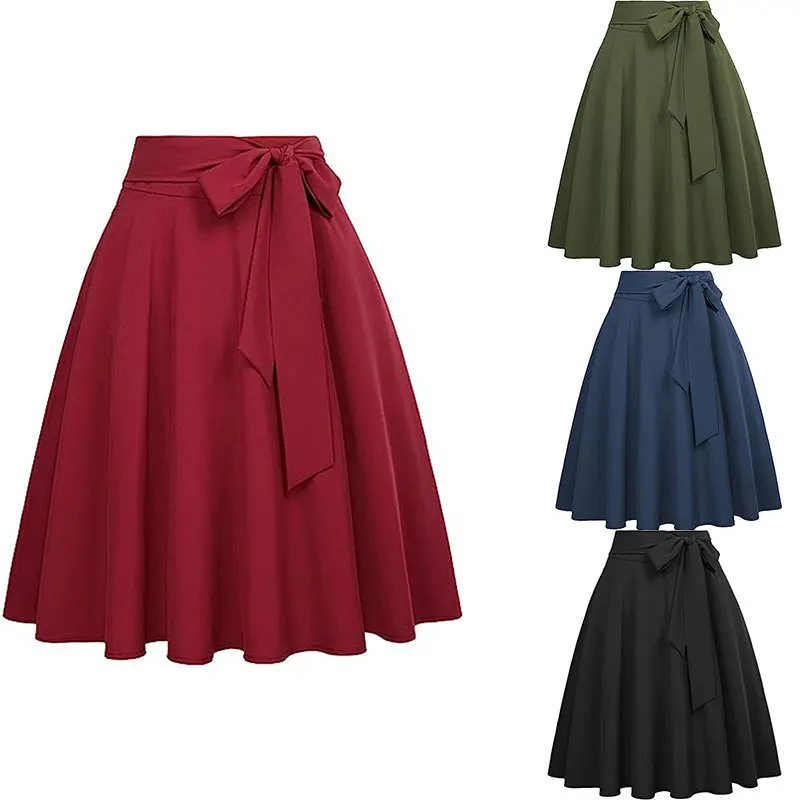 

High Waist Midi A- Line Skirt with Pockets Roller Skate Style Women's Half Body Skirt Polyester Fiber Medium Length Skirt