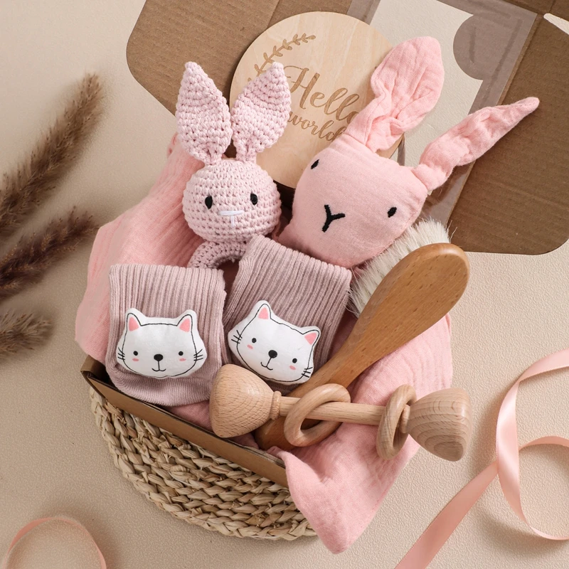 Baby Gift Set Newborn Infant Baby Towel Newborn Bath Toy Baby Drool Towel  Wood Rattle  Growth Milestone  Wool Brush  Baby Socks