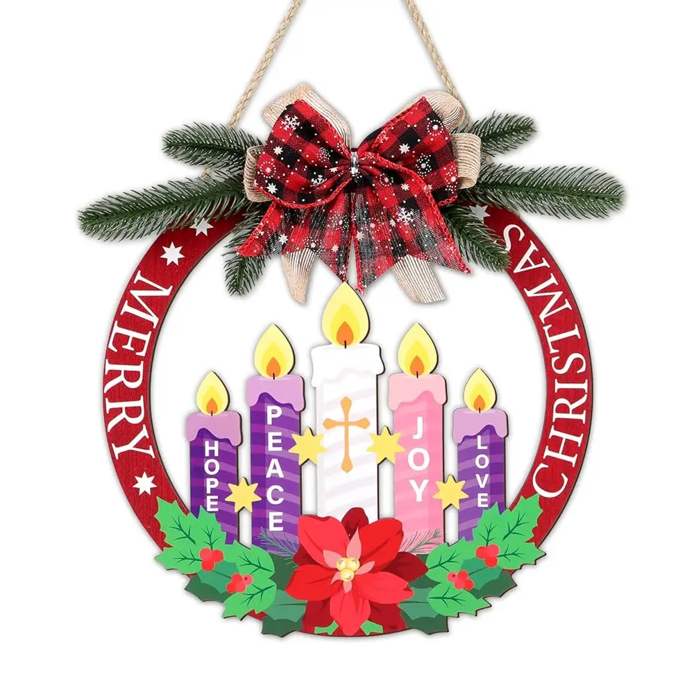 

Деревянная табличка-венок «С Рождеством» (11,4x11,4 дюйма), винтажная настенная религиозная табличка с надписями «Надежда, Мир, Радость, Любовь, Крест, Свечи, Иисус»