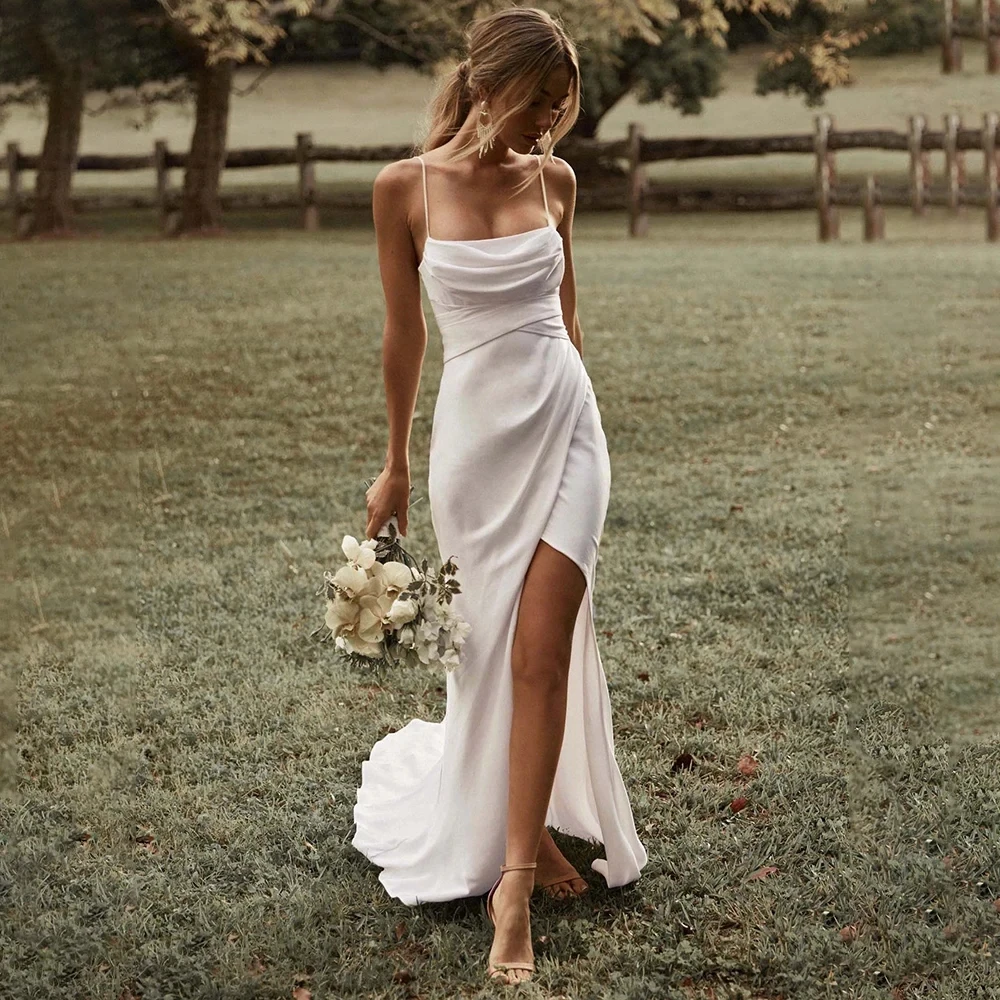 Vestido de Novia liso con espalda descubierta de satén, cola de barrido, Vestido de Novia Blanco de sirena Simple, tirantes finos, Vestido de Novia con abertura larga