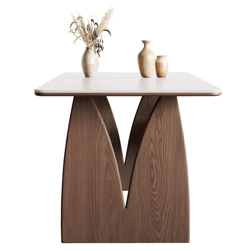 

Solid wood rock slab dining table household small apartment medium ancient French retro living room dining high-end dining table