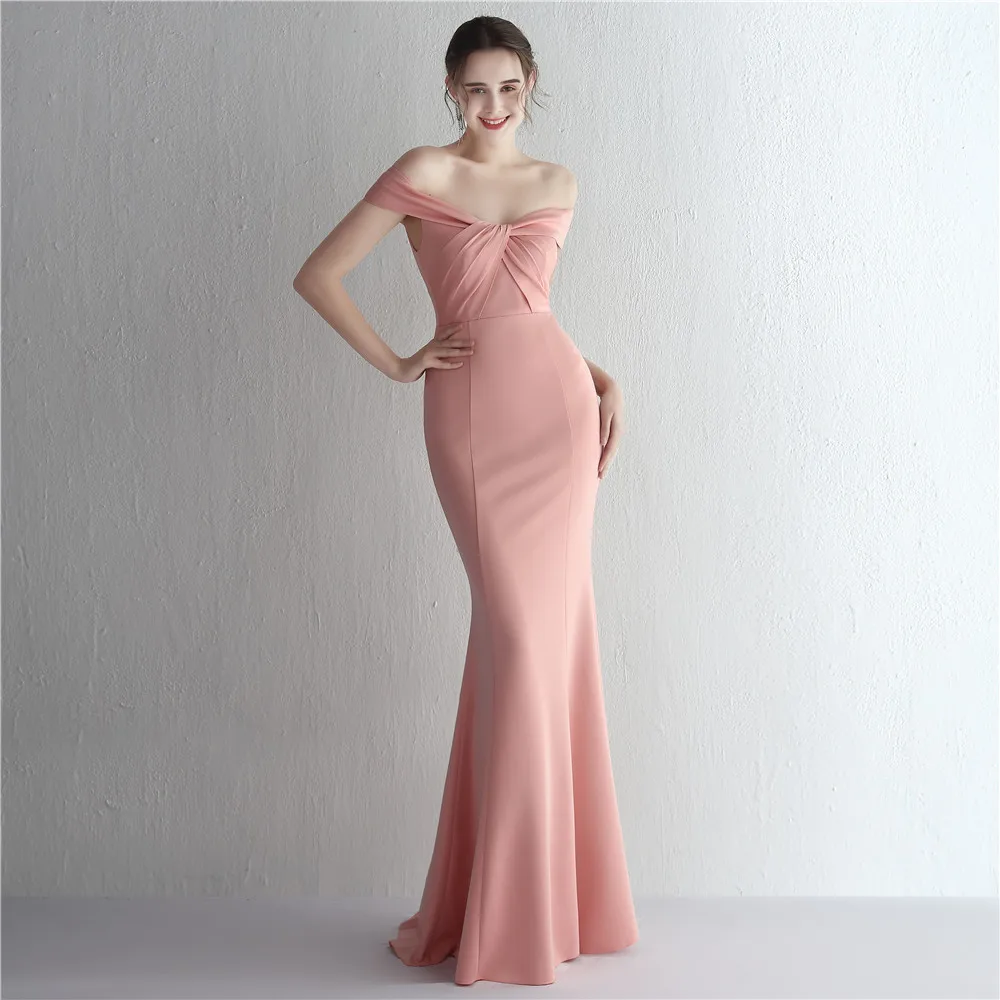 Sexy V-neck Off Shoulder Rucehd Mermaid Satin Long Formal Evening Dress
