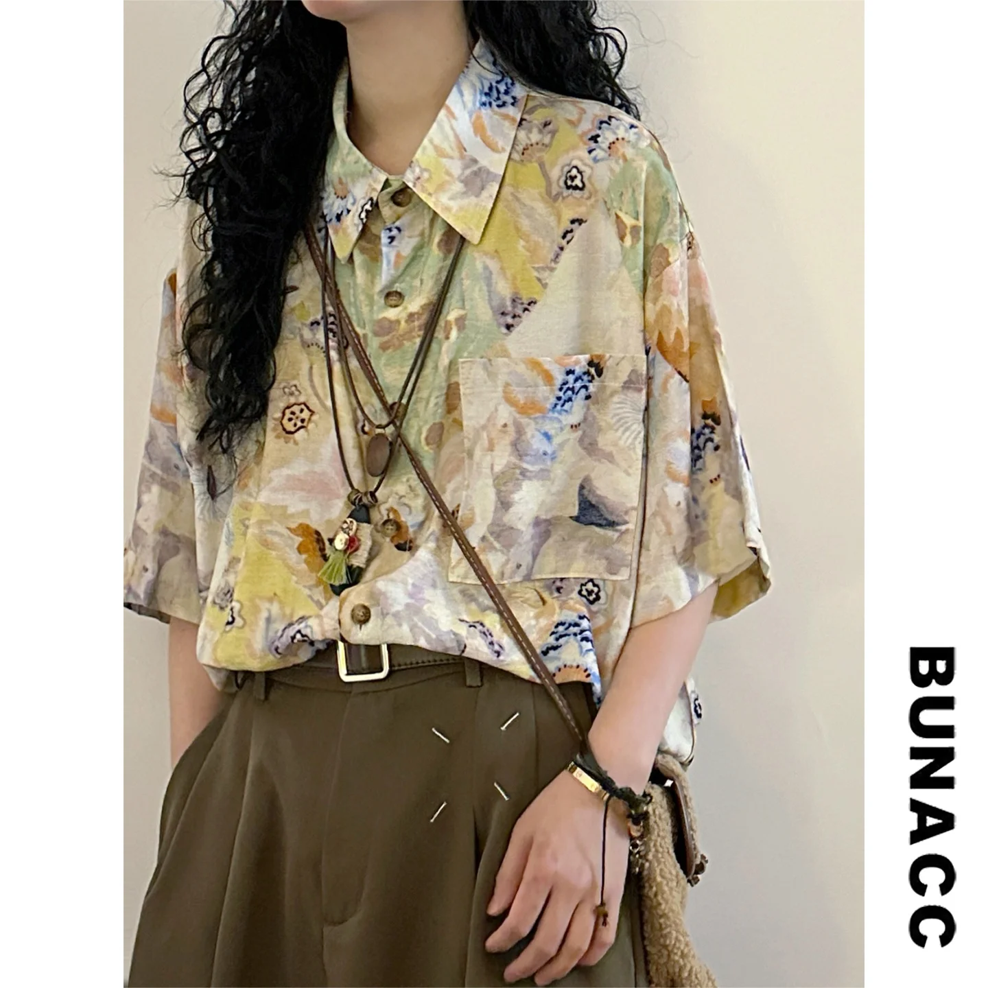 

Unisex Summer American Retro Print Short Sleeve Shirt Loose Fit Street Style Casual Top for Men And Women