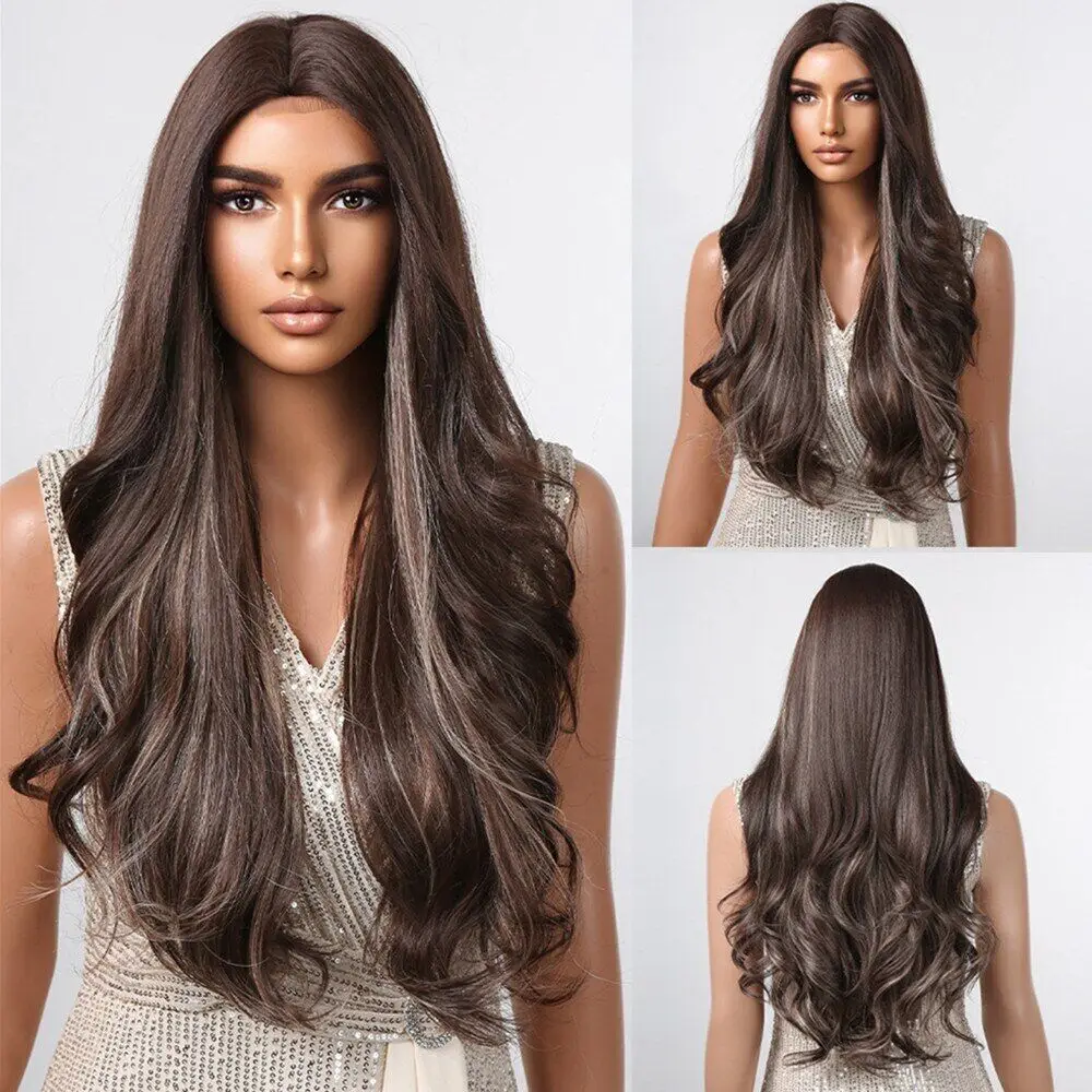 Women Long Highlight Synthetic Natural Hairline Lace Front Ombre Brown Wigs