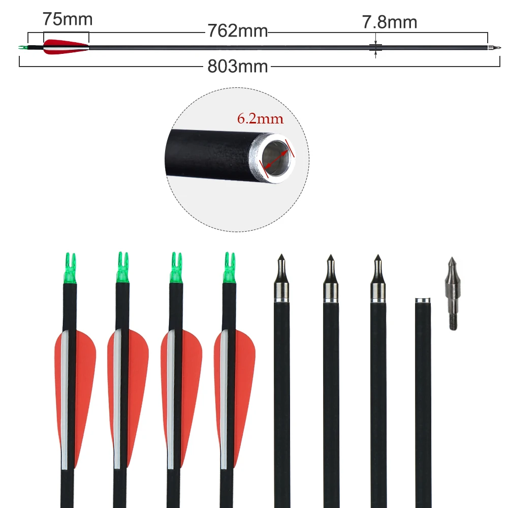 Archery Arrow Set Mixed Carbon Arrow 31.5Inches Spine 500 Diameter 7.8 Mm For Compound/Recurve Bow And Arrow Archery Shooting