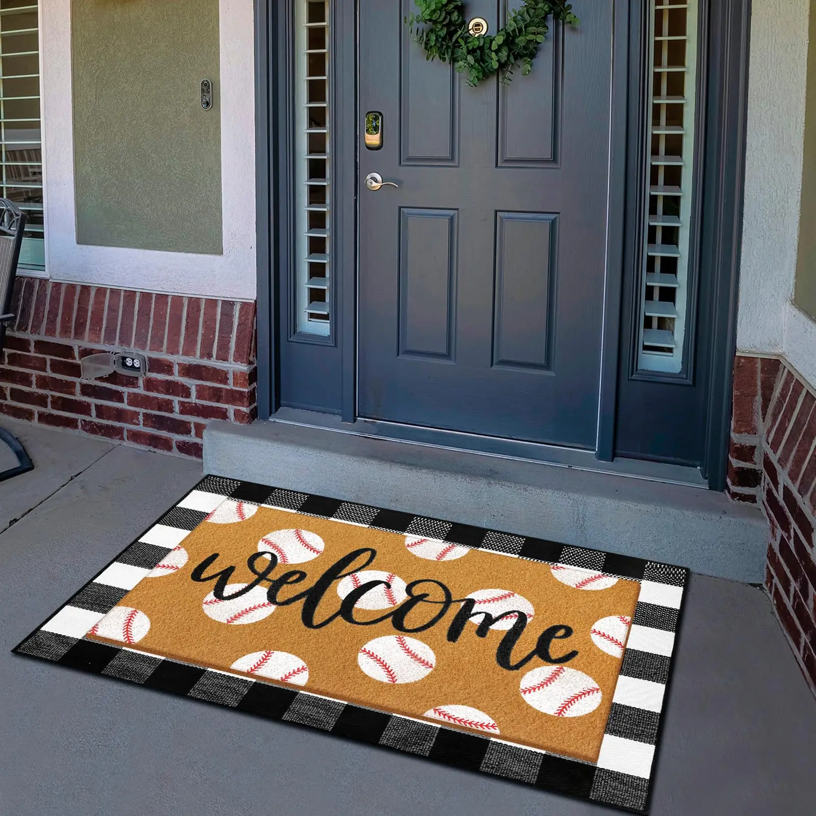 2PCWelcome Doormat Non-Slip Baseball Plaid Entrance Floor Mat Washable Outdoor Indoor Sports Carpet Door Mat Welcome Mat