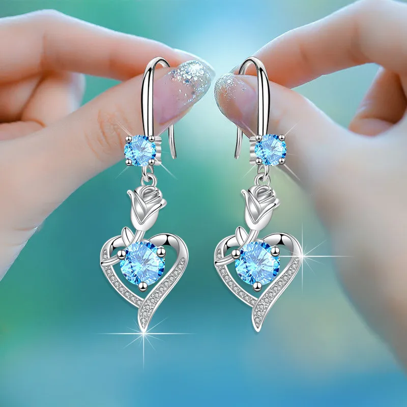 KOFSAC Cute/Romantic Multi-colour Pink Zircon Rose Heart Drop Earrings For Women 2023 New 925 Silver Earring Jewelry Gifts