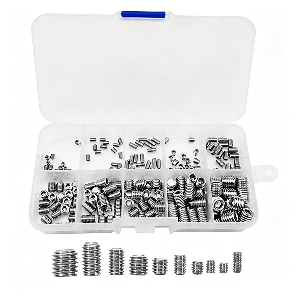 200Pcs Set Screw Assortment Kit, Stainless Steel Hex Allen Head Socket Grub Screw，Stainless Steel Set Screws M3 M4 M5 M6 M8