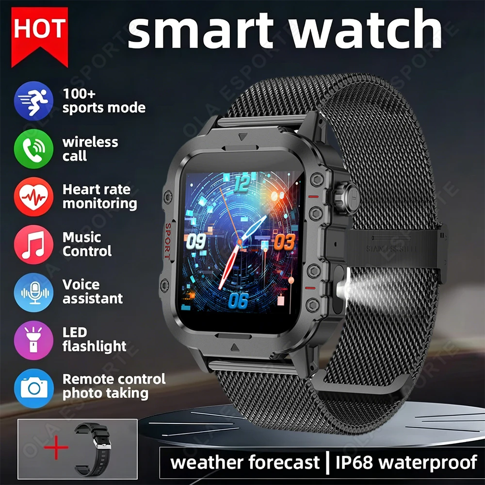 

2026 New 1.44" Screen Smart Watch Flashlight Military Sport Watches Health Monitor Bluetooth Call Waterproof Smartwatch Men HW12