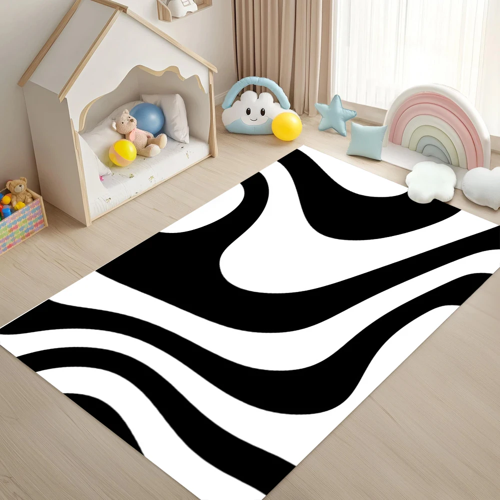 Black White Abstract Pattern Cute Cat Carpet Modern Playful Style Easy Clean Rug for Living Room Kids Bedroom Home Decor