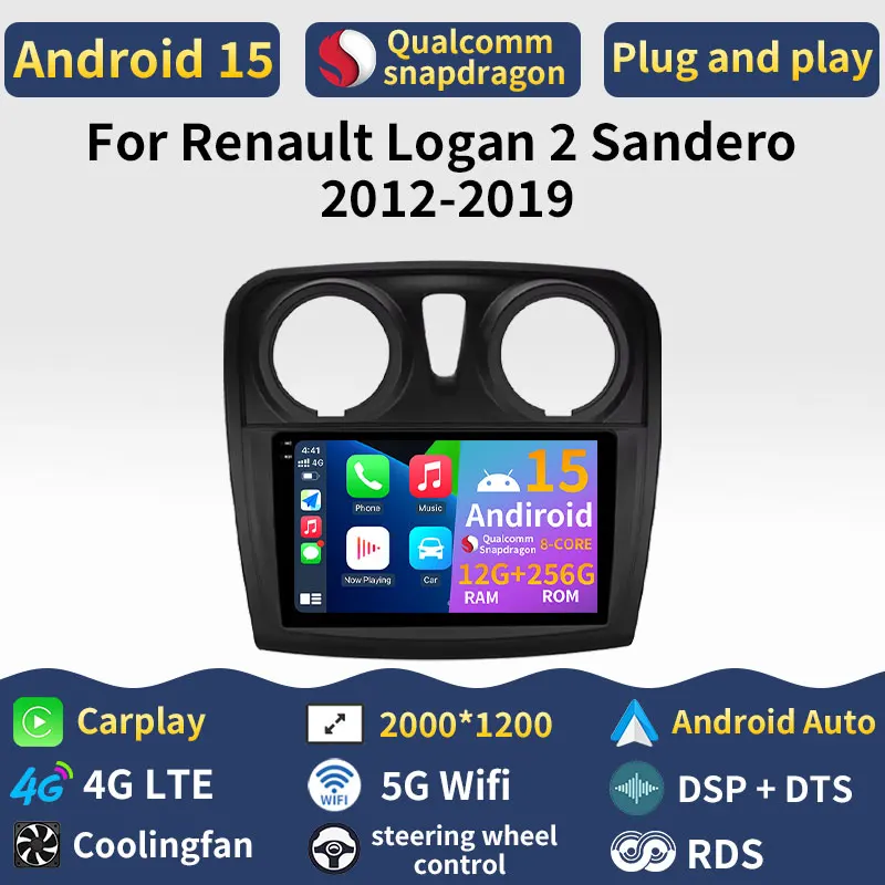 Android 15 Carplay For Renault Logan 2 2012-2019 Sandero 2 2014-2019 2din 5G WIFI Navigation Car Radio Auto Audio 360 Camera GPS