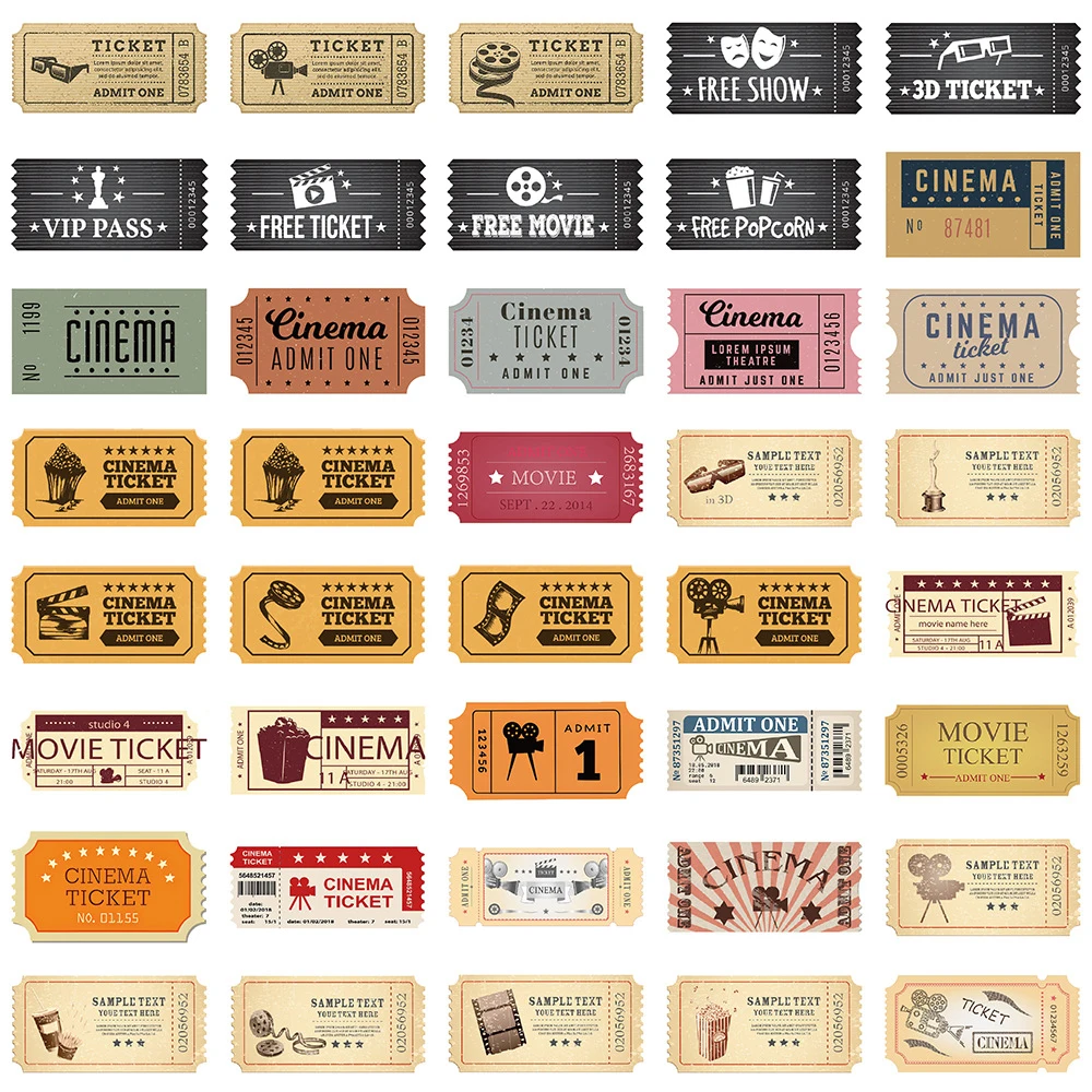 10/40/80pcs Classic Vintage Movie Ticket Stickers Decals Laptop Skateboard Phone Car Album Suitcase Waterproof Sticker Kids Toy